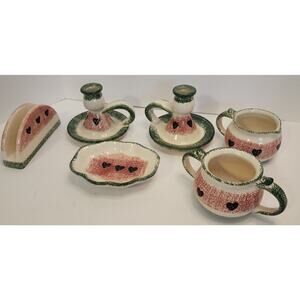 Vtg Loomco China Stoneware Six Piece watermelon sponge art pink green Serving